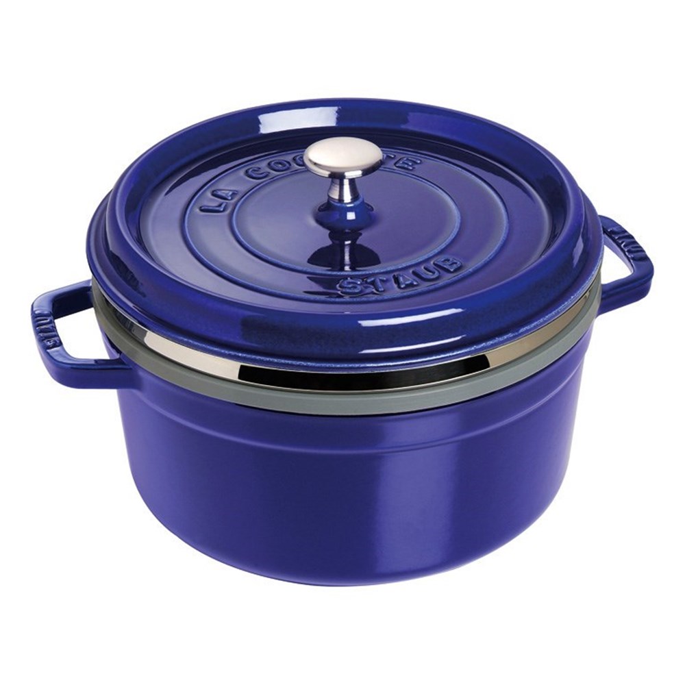 Hrnec STAUB kulatý 26 cm modrý s pařákem Staub