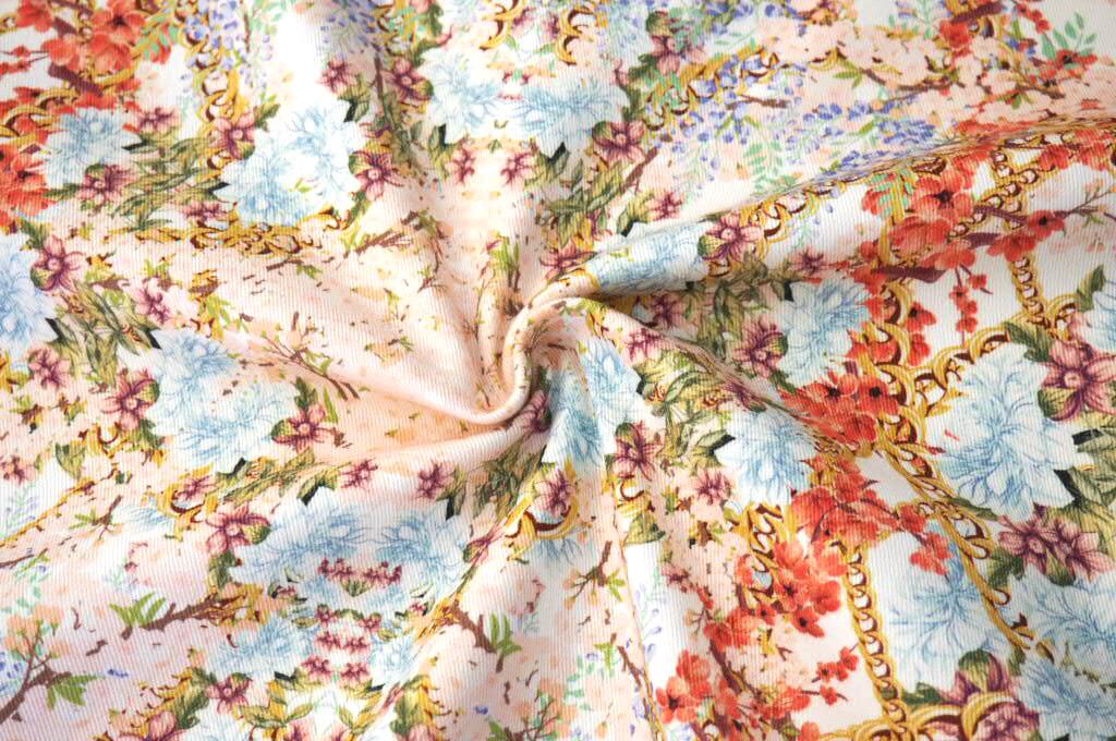 Bavlněná strečová látka květy a ornamenty