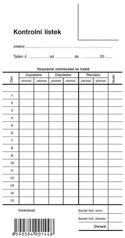 OP 1144 Kontrolní lístek 'píchačka' 9 x 19cm volný list Papermax-cz
