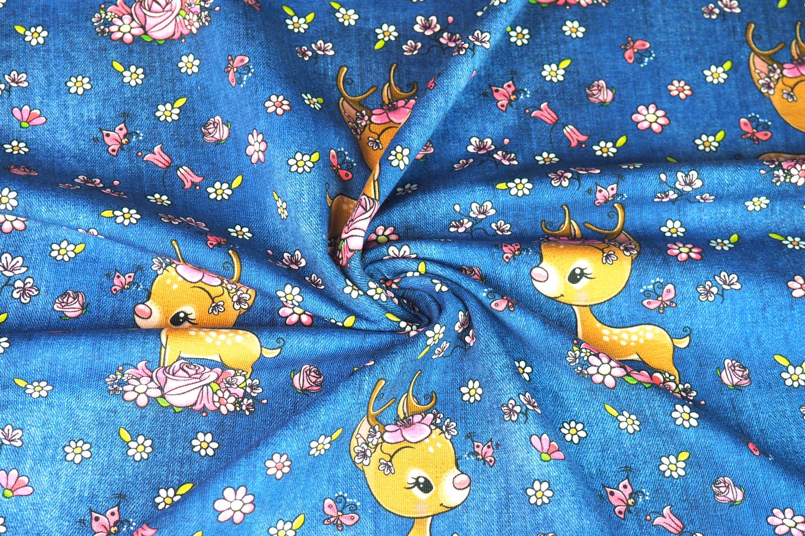 Bavlněný úplet srneček na tmavě modré