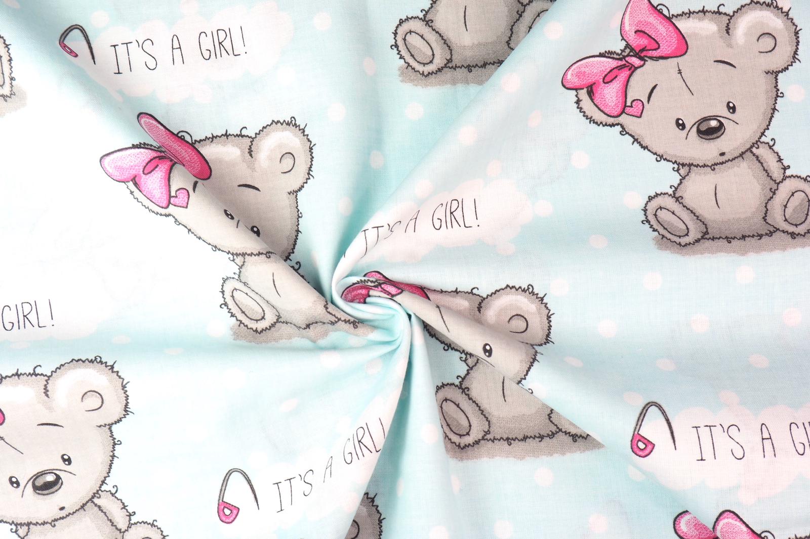 Bavlněné plátno medvídek s mašlí na mintu