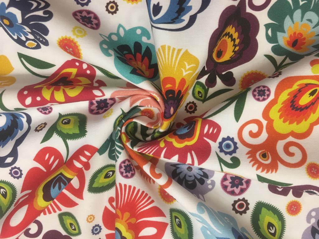 Bavlněné plátno neo-folklórní květy na bílé