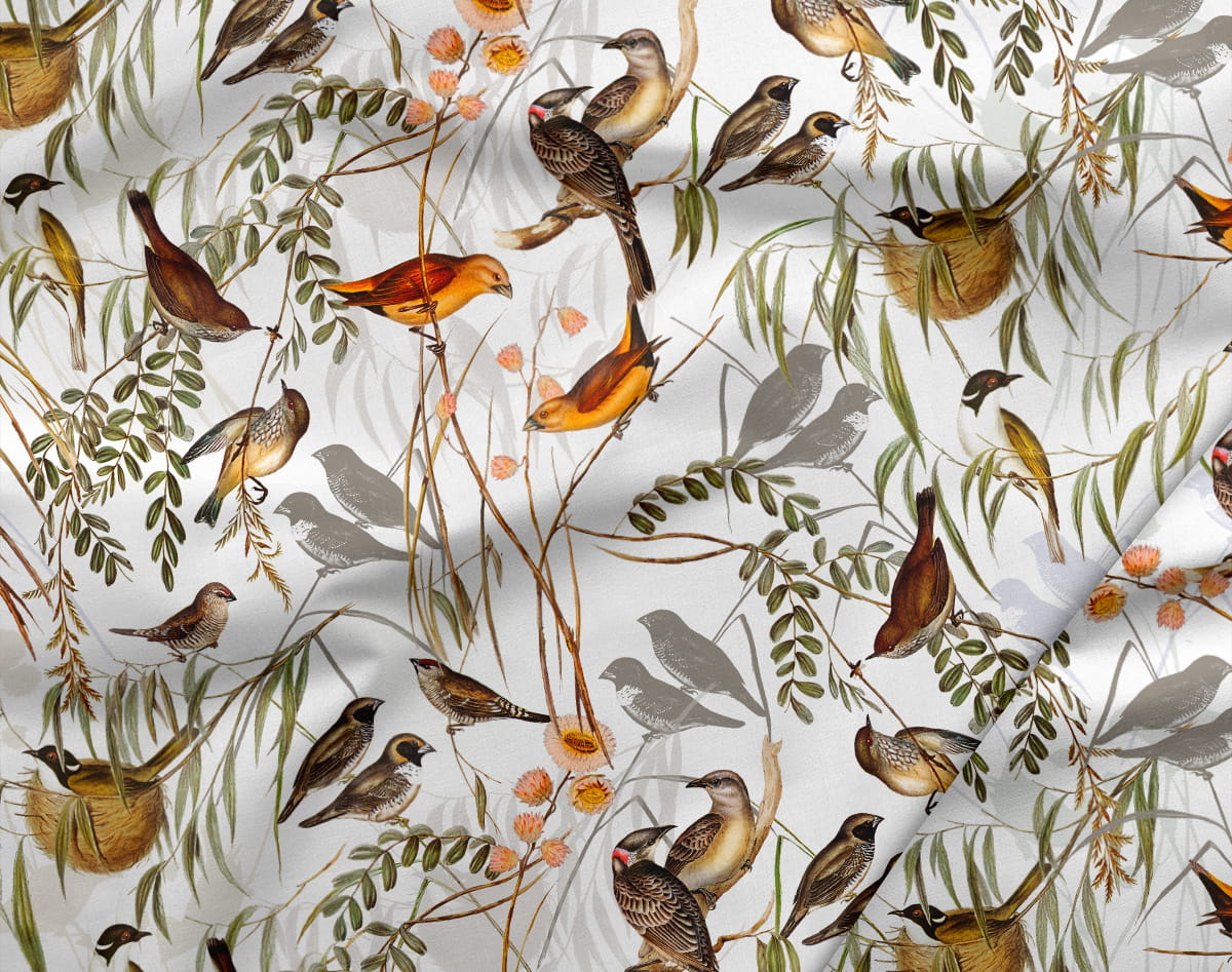 Bavlněný satén ptáci ve větvích