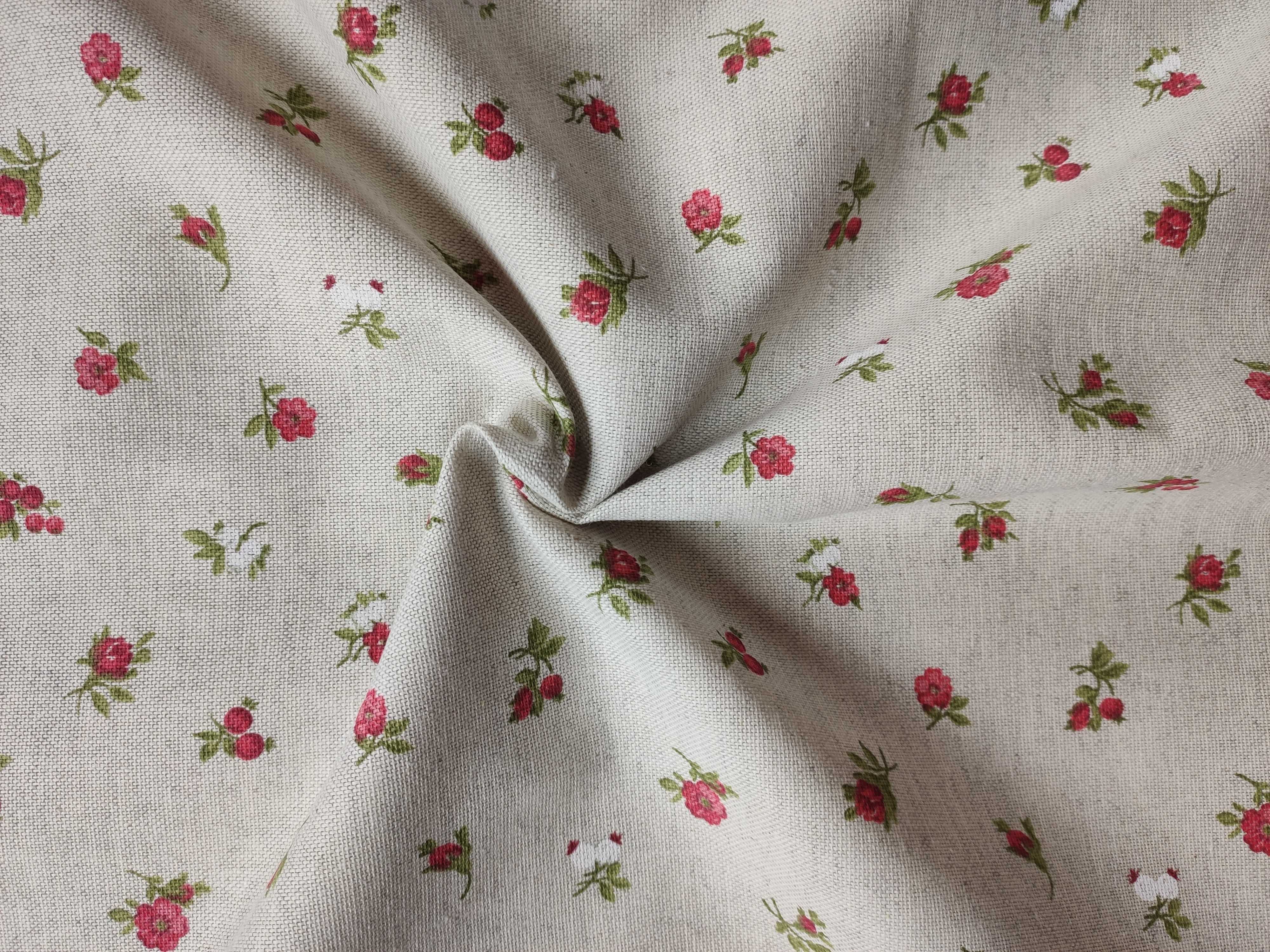 Bavlna režná kvítky bílé a červené na režné