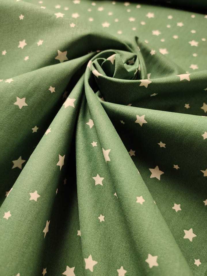 Bavlněné plátno prémium rozházené bílé hvězdy šedozelené