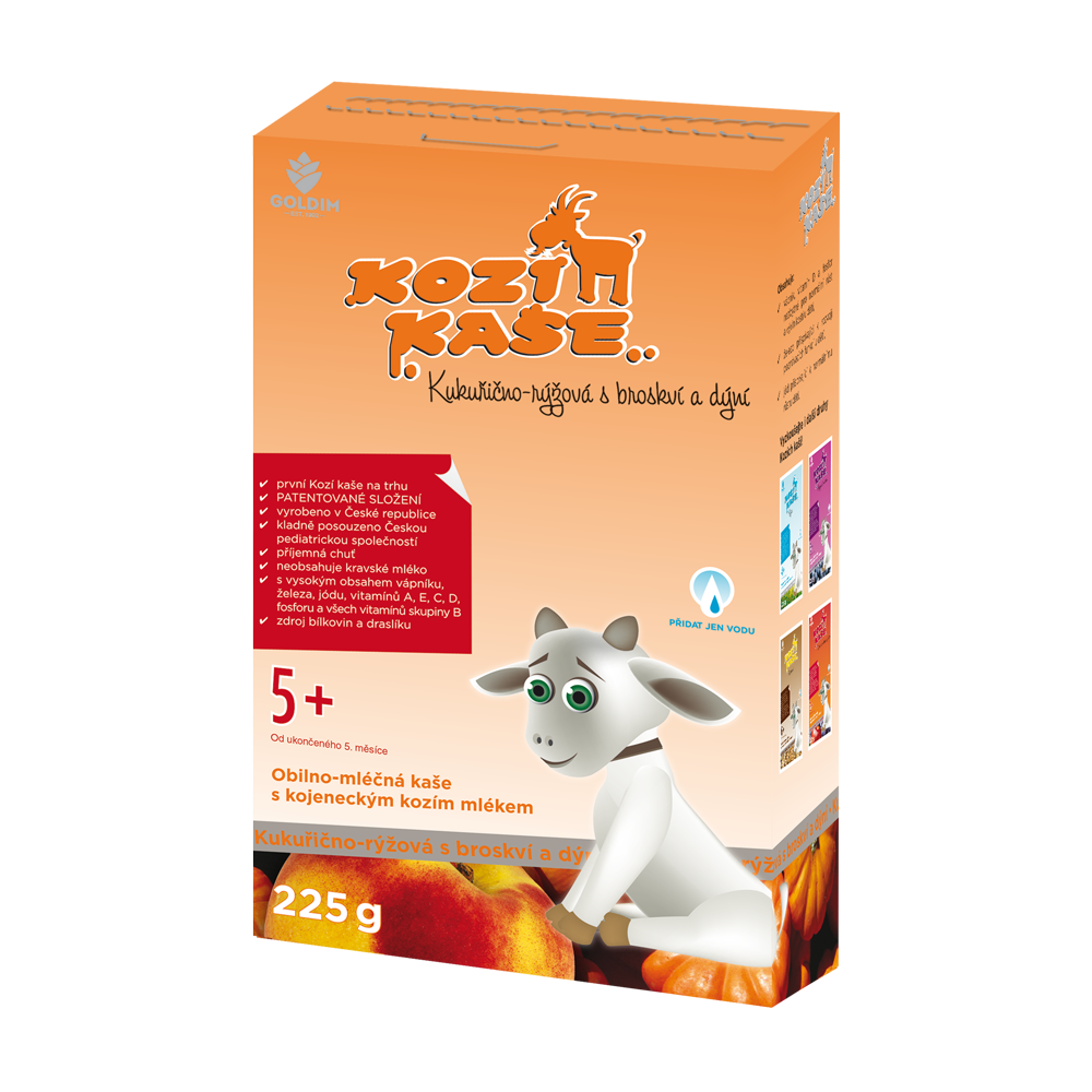 Goldim Kozí kaše kukuřično-rýžová s broskví a dýní 225g Darjeeling.cz