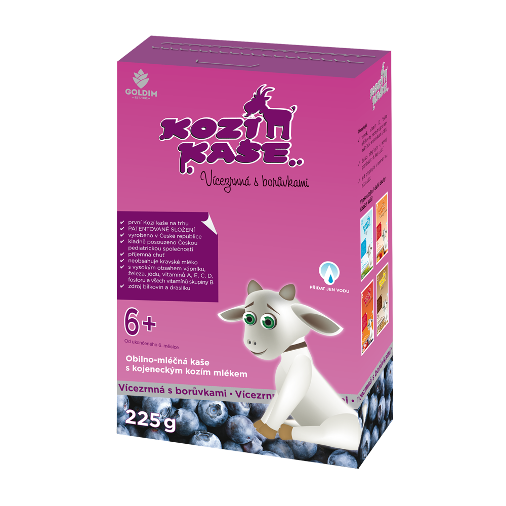 Goldim Kozí kaše vícezrnná s borůvkami 225g Darjeeling.cz