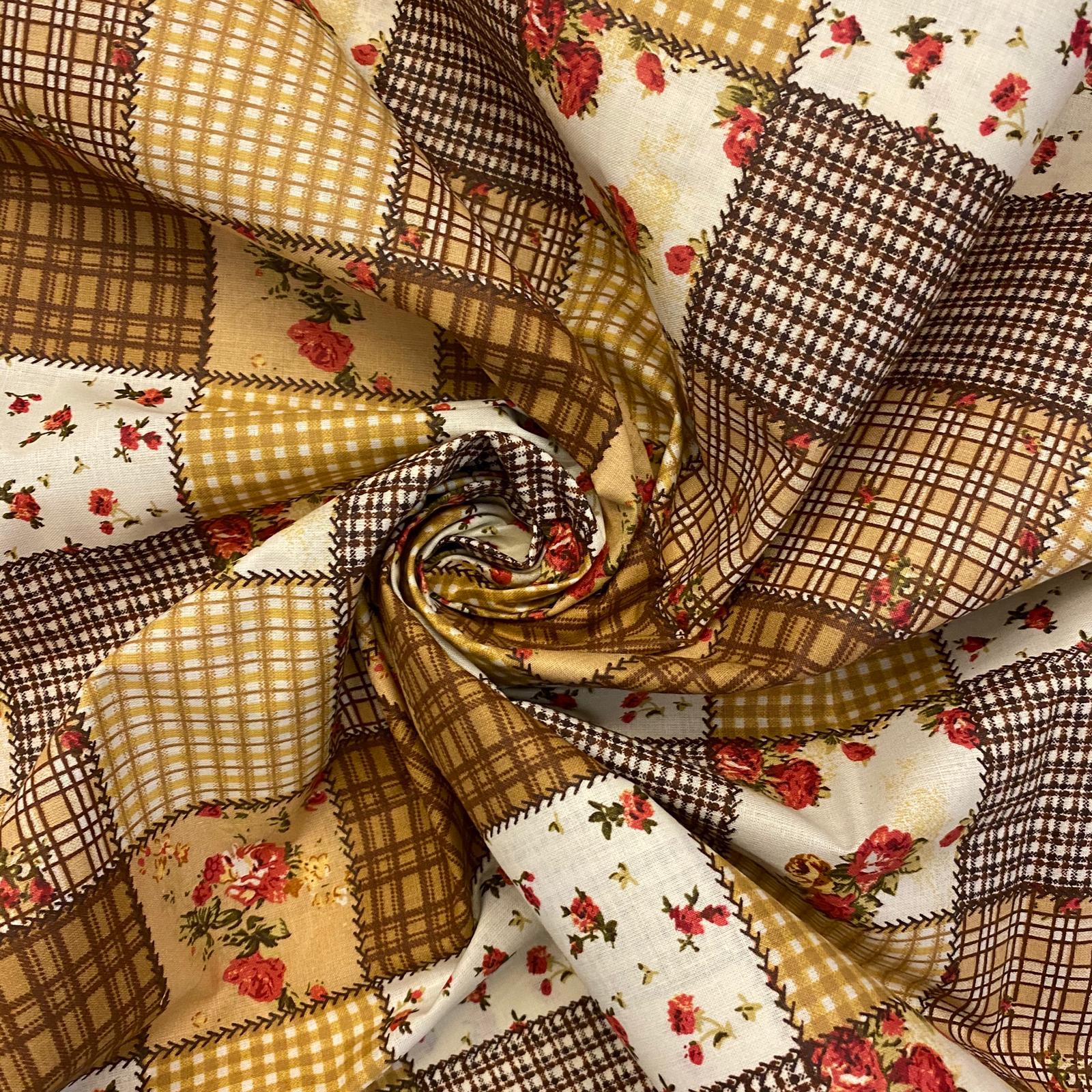 Bavlněné plátno květy a kostky ve čtvercích