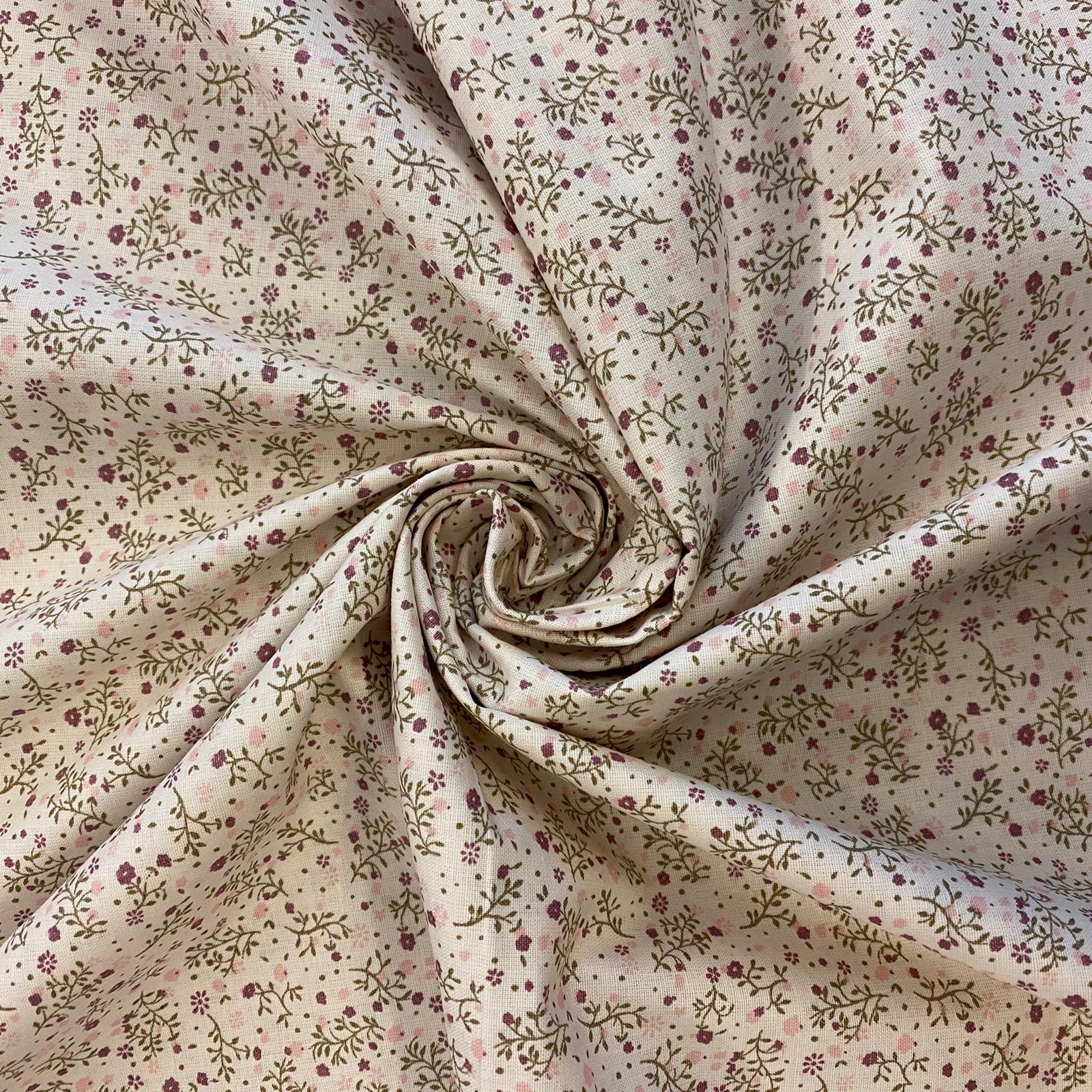 Bavlněné plátno lila kvítky s větvičkami na ecru