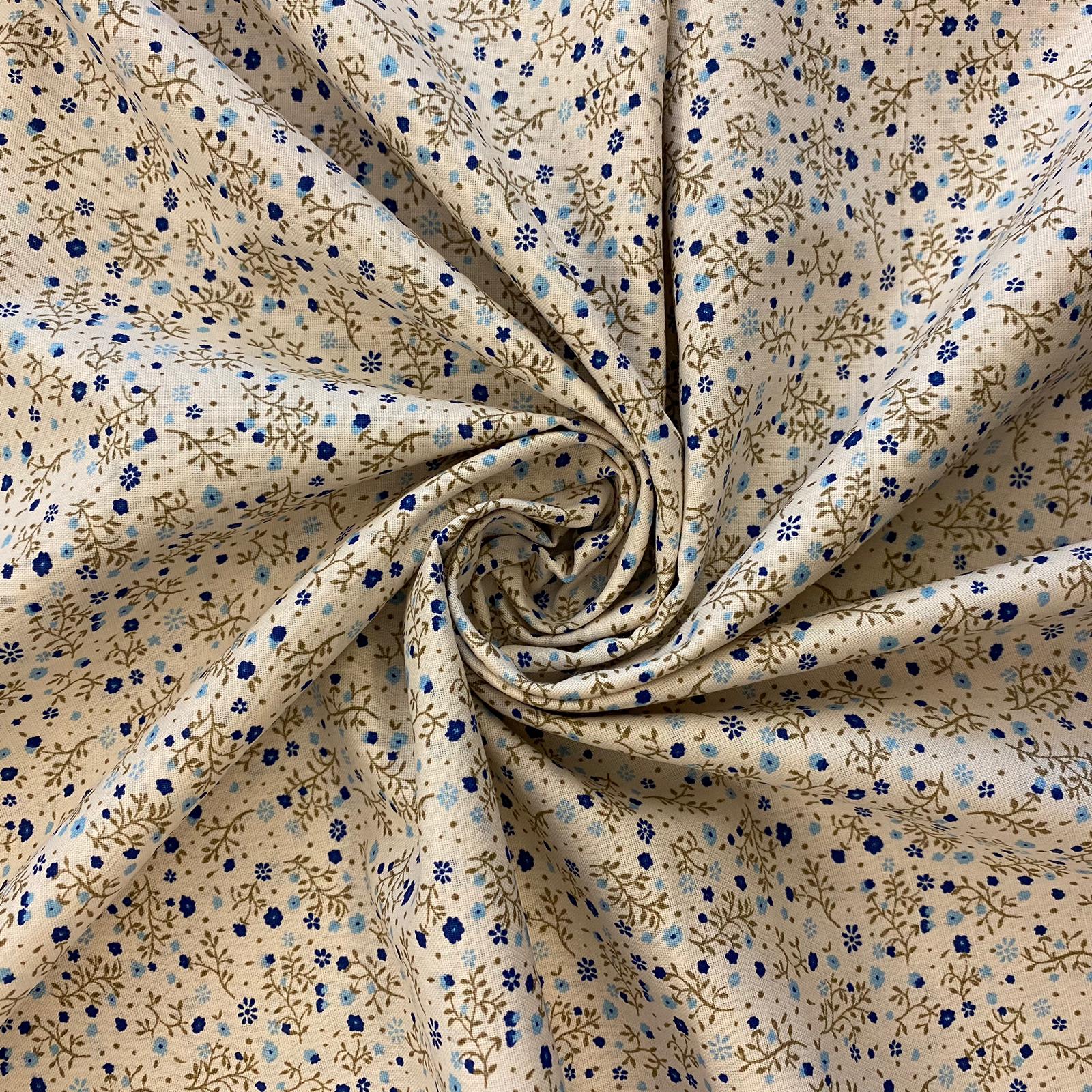 Bavlněné plátno modré kvítky s větvičkami na ecru