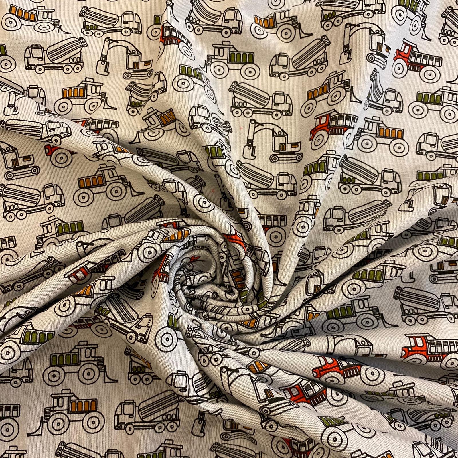 Bavlněný úplet stavební stroje na šedé