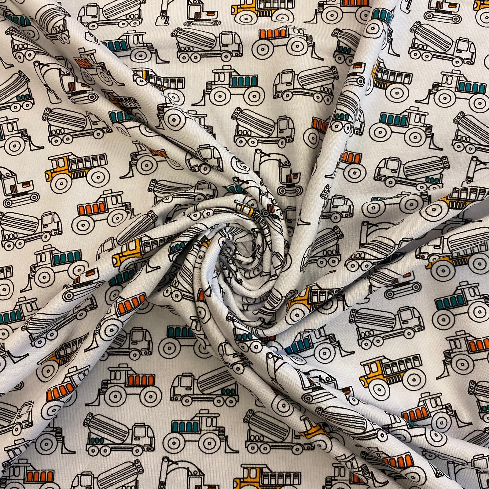 Bavlněný úplet stavební stroje na bílé