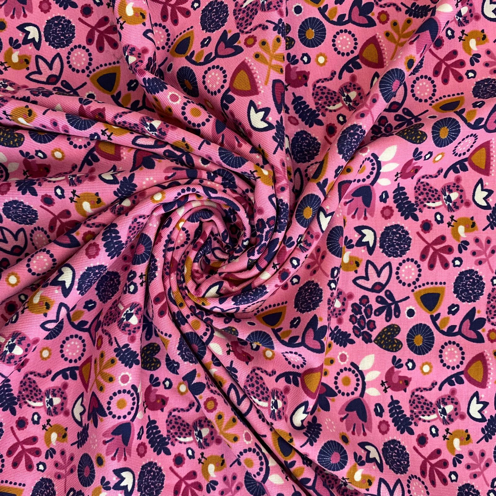 Bavlněný úplet folklorní květy na růžové