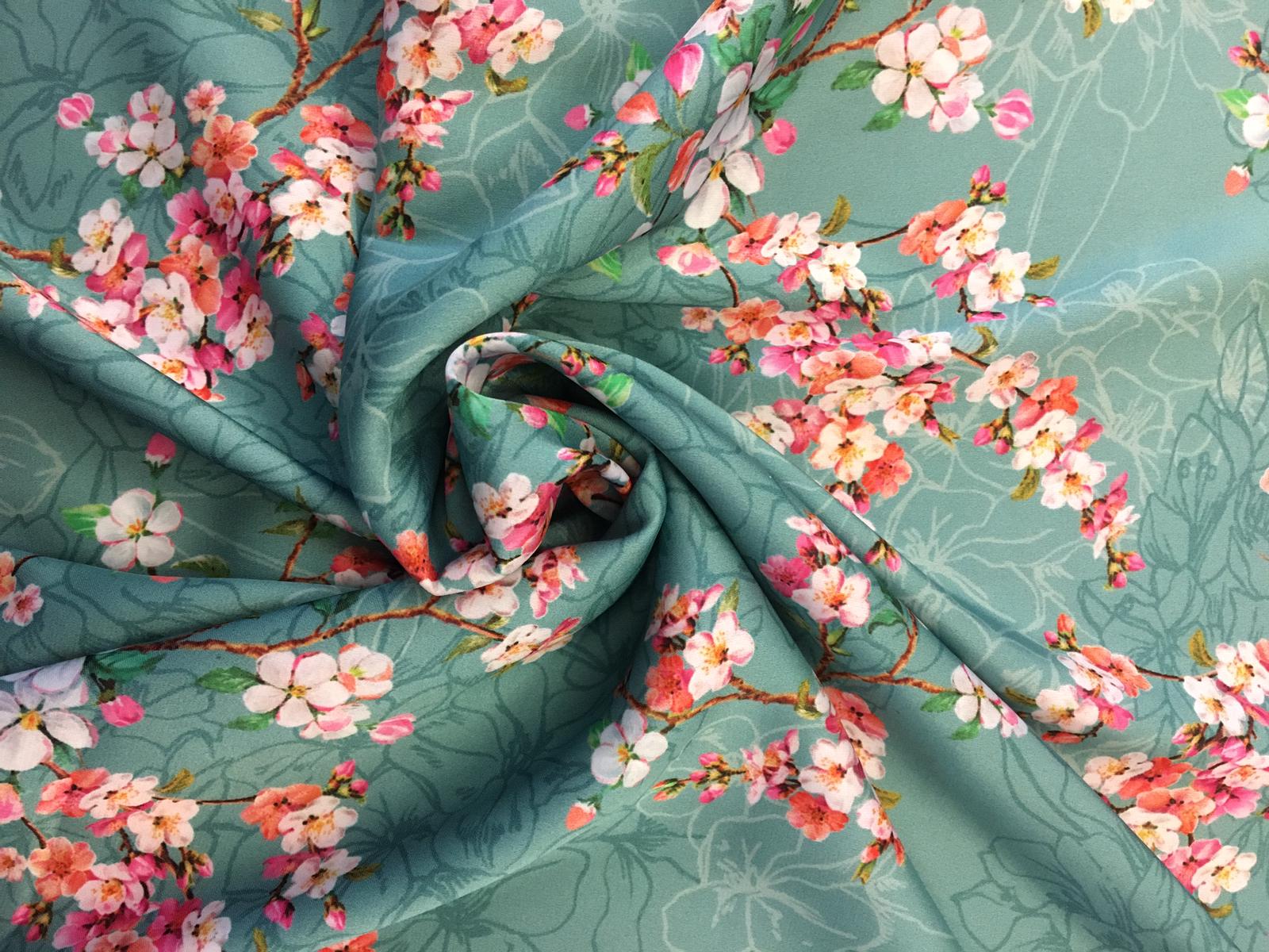 Umělé hedvábí / Silky Armani třešňové halúzky na akvamarínové