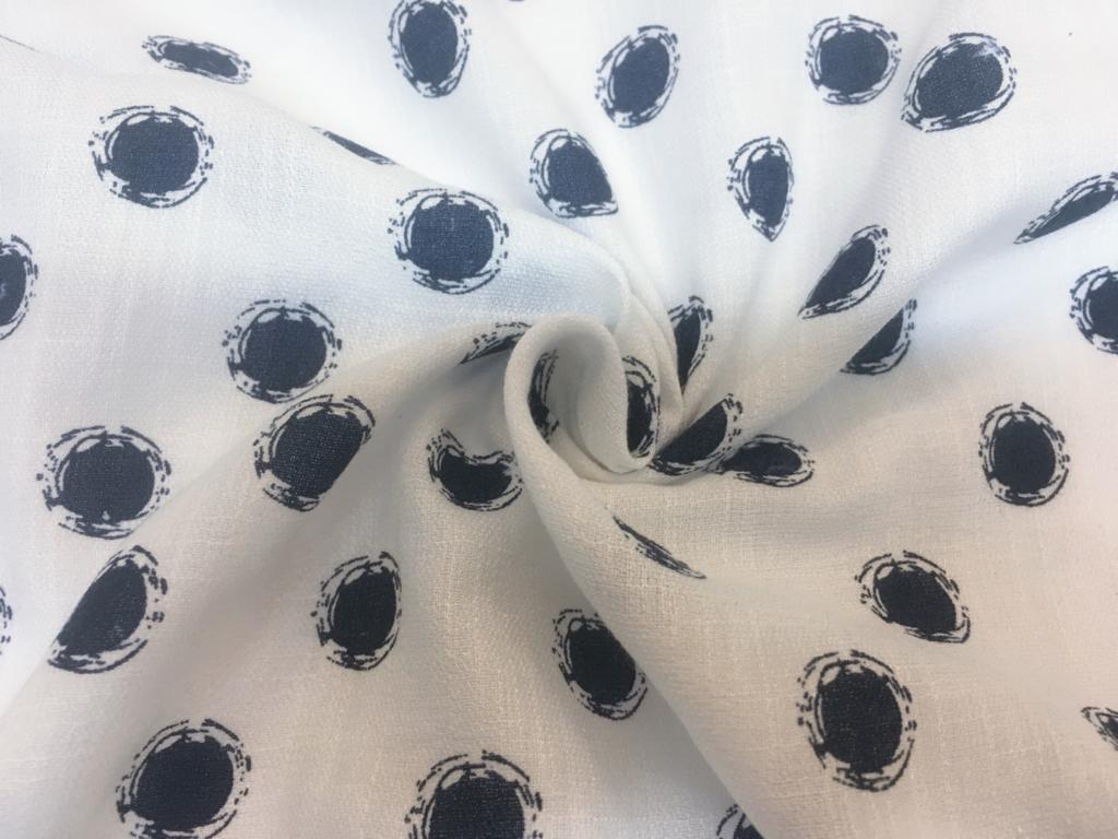 Lněná tkanina tmavě modrá kolečka na bílé