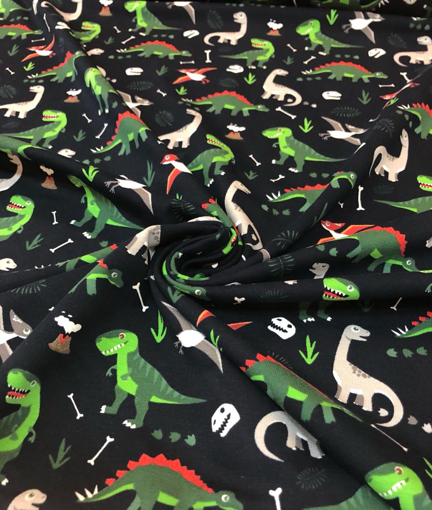 Bavlněný úplet dinosauři a kosti na modré tmavé