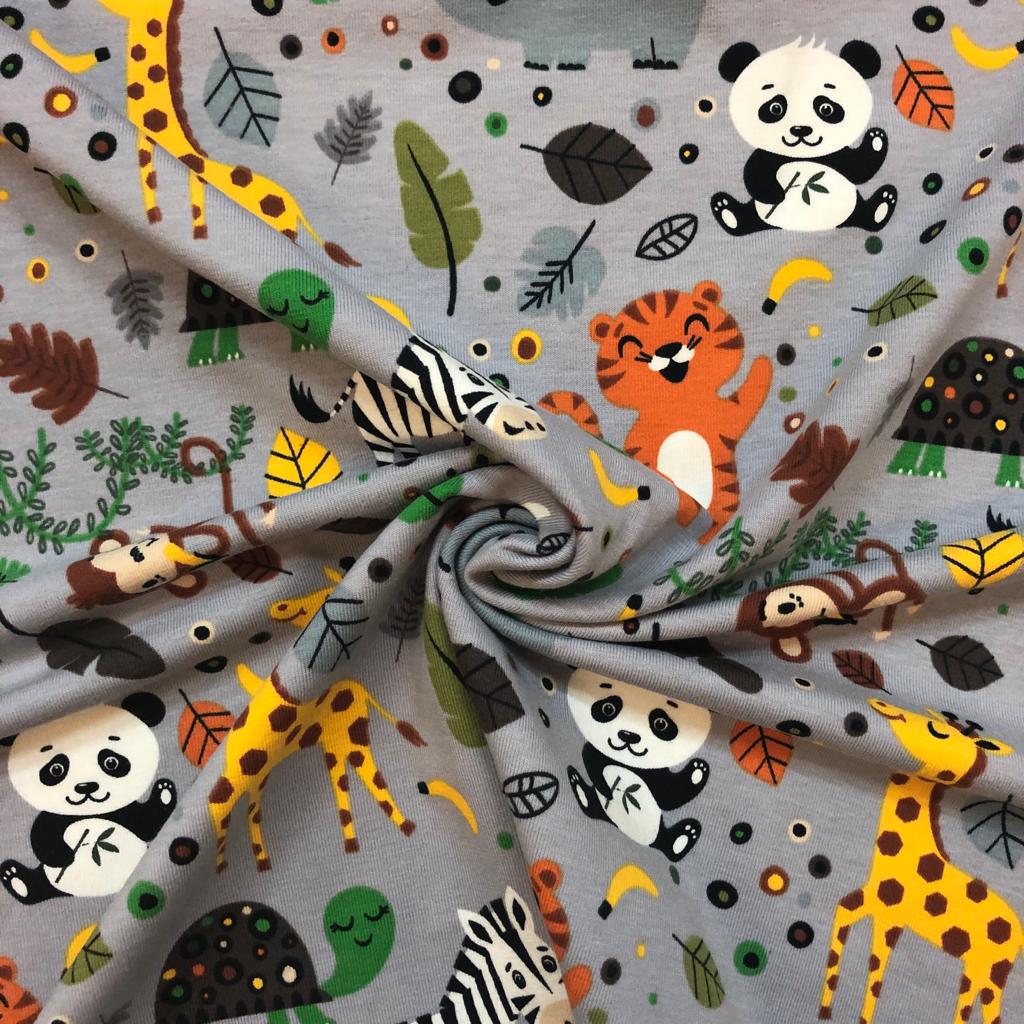 Bavlněný úplet zvířátka na šedé