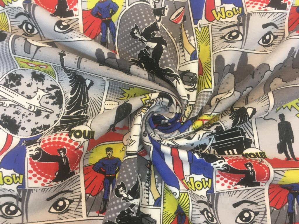 Bavlněný úplet komiks šedý