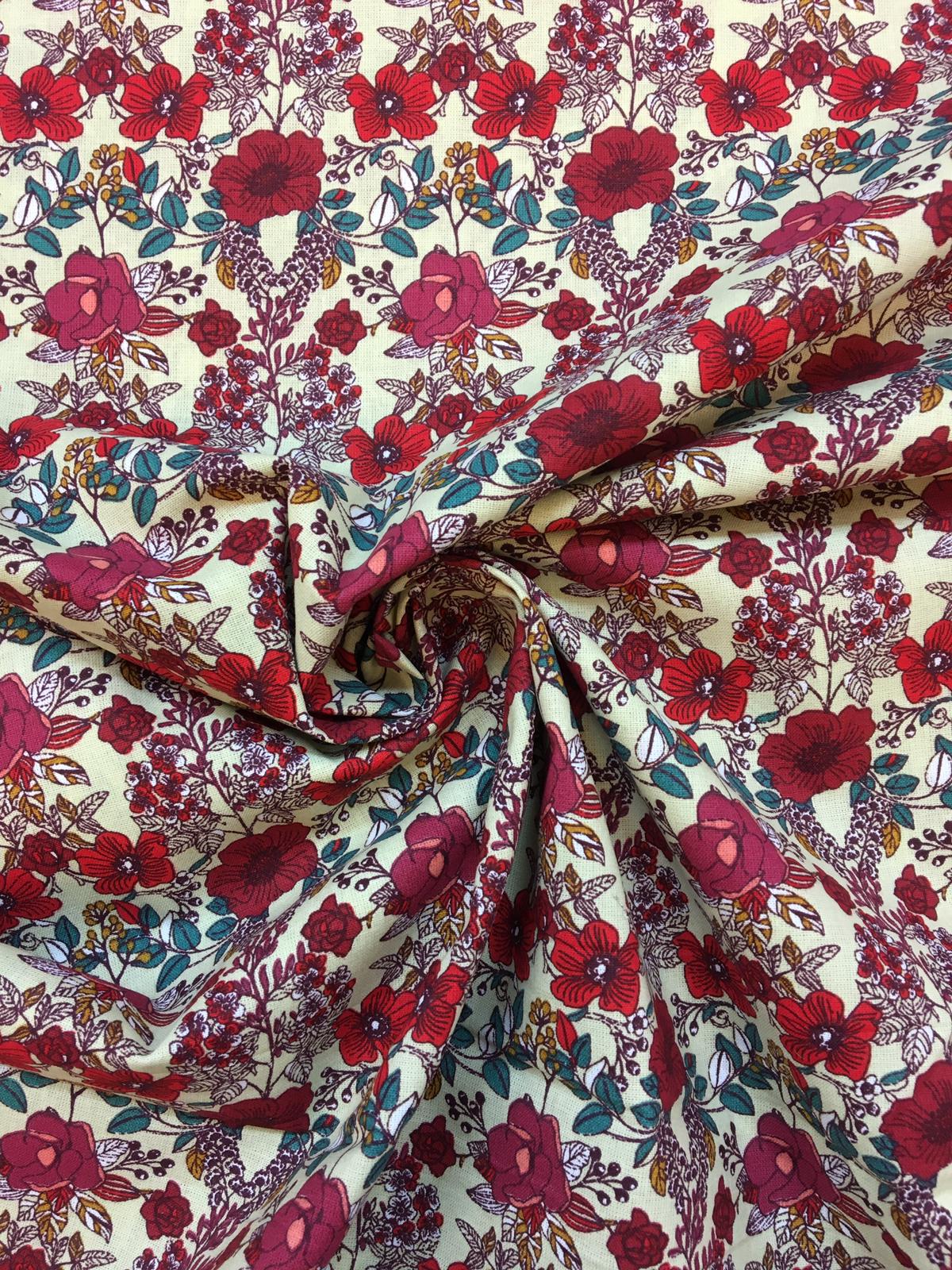 Bavlněné plátno červené květiny na smetanové