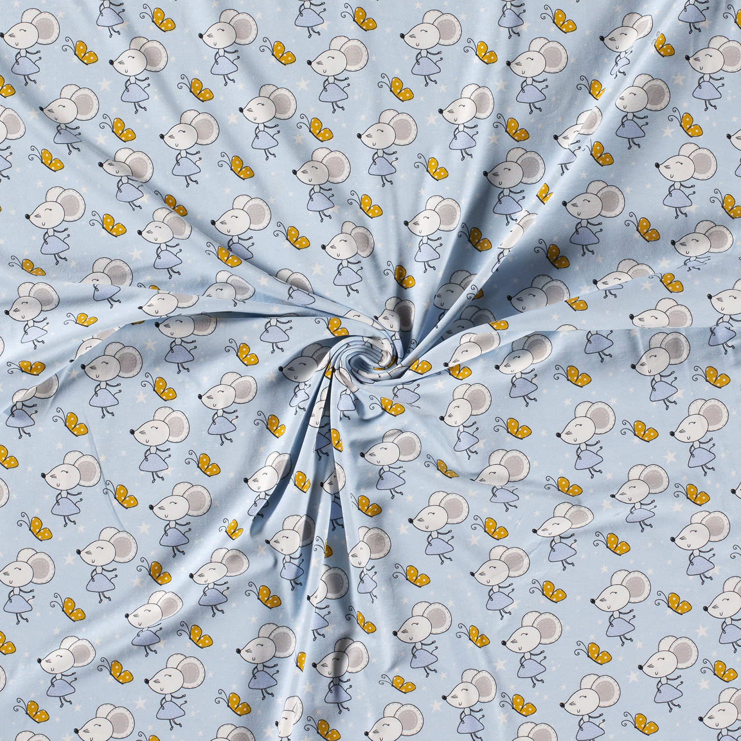 Bavlněný úplet myšky na světle modré