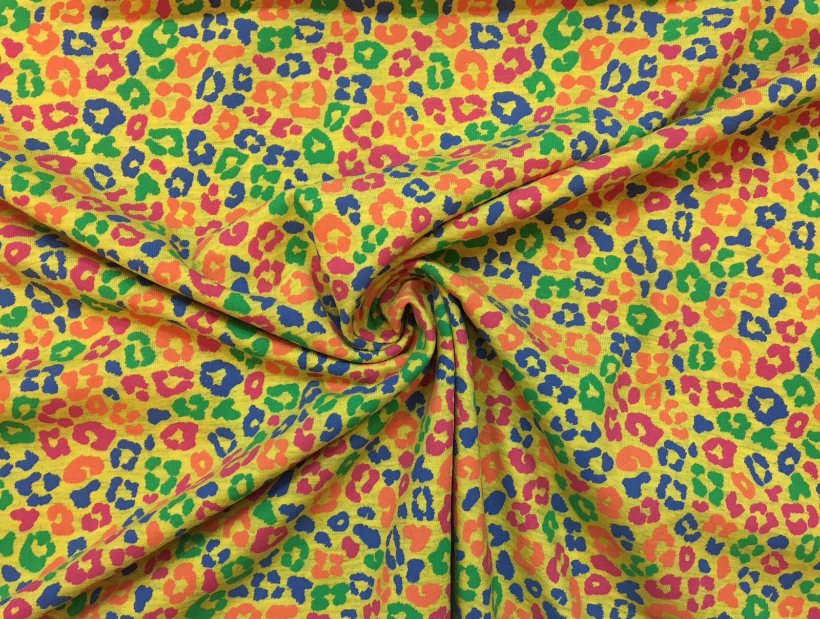 Bavlněný jednolící úplet barevné abstraktní květy na žluté