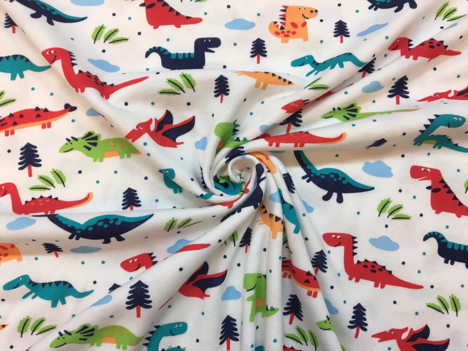 Oboulíc bavlněný úplet barevný dino na bílé