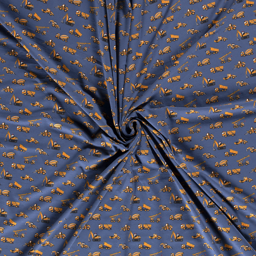 Bavlněný úplet bagry a míchačky na modré