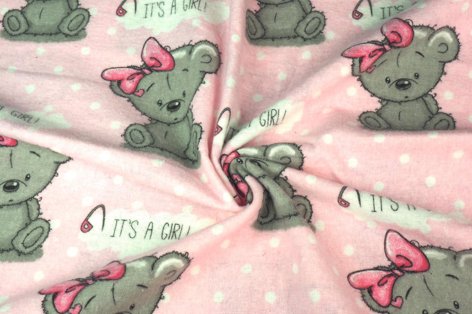 Bavlněné plátno medvídek s mašlí na růžové světlé