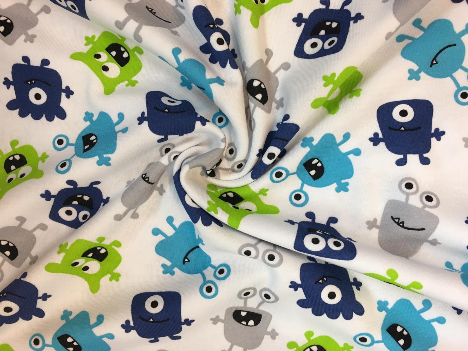 Oboulíc bavlněný příšerky modré a zelené na bílé