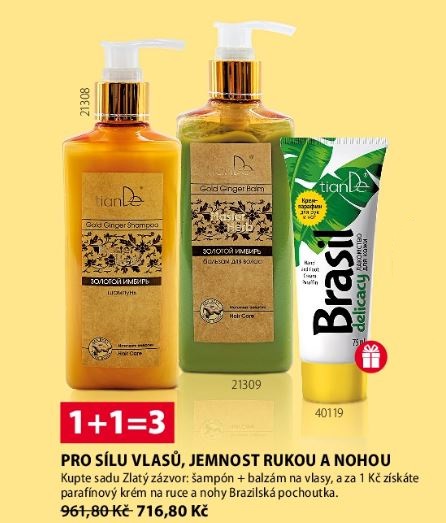 AKCE šampón a balzám na vlasy Zlatý zázvor + DÁREK  Parafínový krém na ruce a nohy „Brazilská pochoutka“ TianDe-shop-eu