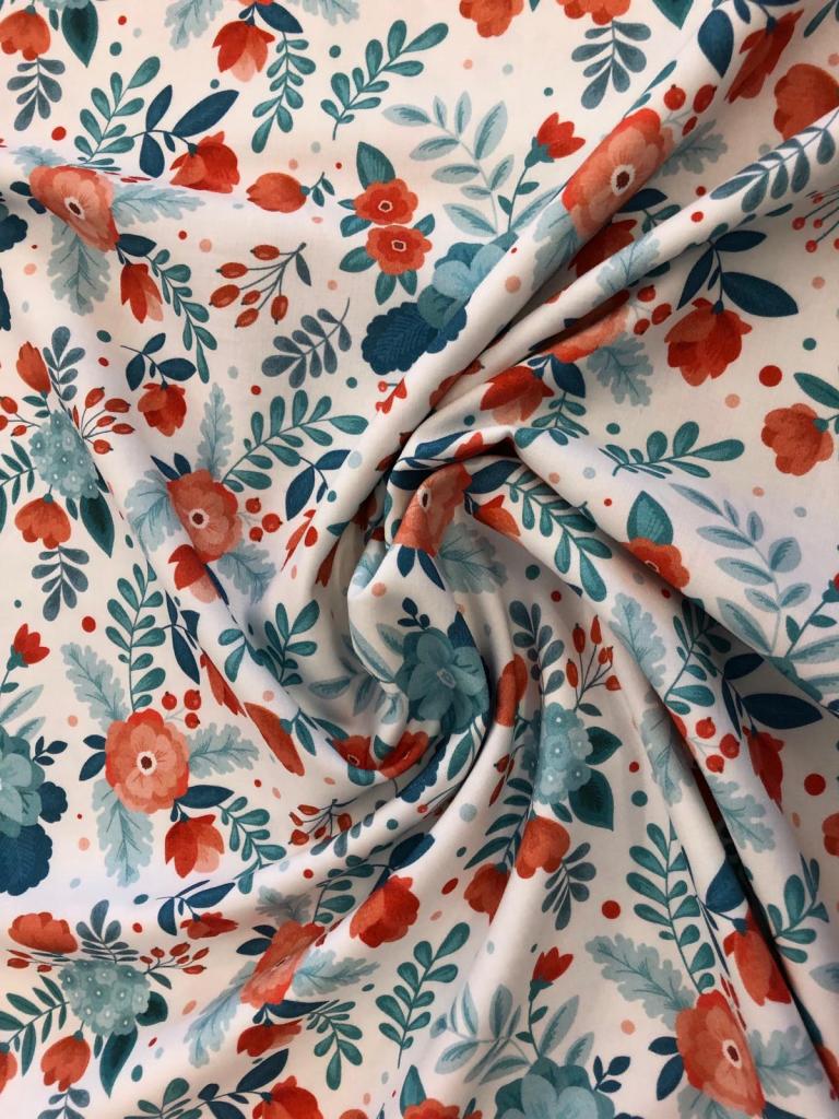 Bavlněný satén modré a červené květy Digi tisk