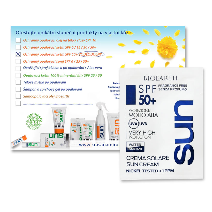 Kartička + vzorek Opalovací krém voděodolný SPF50+ KrasnaNaMiru-cz