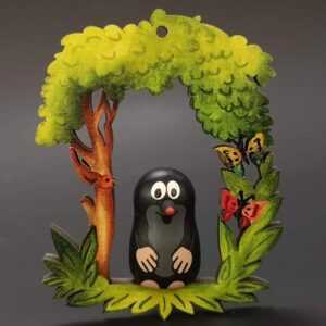 AMADEA Dřevěná ozdoba barevná - krtek a strom 9 cm Bedario-cz