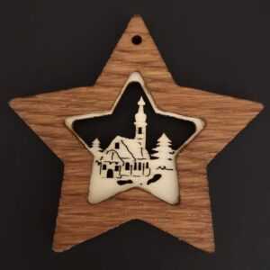 AMADEA Dřevěná ozdoba z masivu s vkladem - hvězda s kostelem 8 cm Bedario-cz