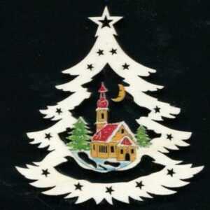 AMADEA Dřevěná ozdoba barevná stromek s kostelem 6 cm Bedario-cz