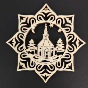 AMADEA Dřevěná ozdoba hvězda s kostelem 6 cm Bedario-cz