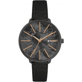 MINET Černé dámské hodinky PRAGUE s černým koženým řemínkem MWL5183Minet