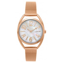 MINET Růžové dámské hodinky s čísly ICON ROSE GOLD PEARL MESH MWL5216Minet
